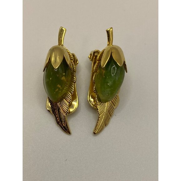 Vintage Leru Green Cabochon Gold-Tone Clip-On Earrings J0260 - Picture 11 of 11